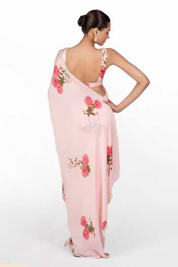Shop_The Whole Nine Yards_Pink Silk, Satin V-neck Selene Print Saree With Blouse _at_Aza_Fashions