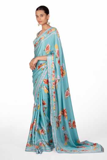 The Whole Nine Yards_Blue Silk, Satin Sweetheart Neck Liora Printed Saree With Blouse _Online_at_Aza_Fashions
