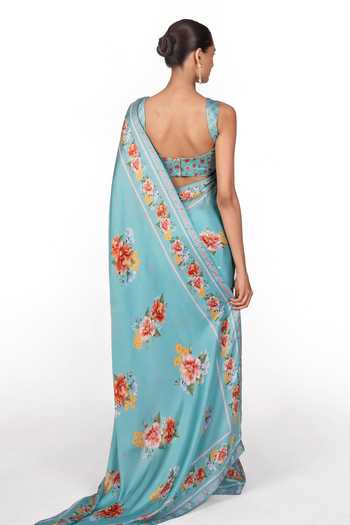 Shop_The Whole Nine Yards_Blue Silk, Satin Sweetheart Neck Liora Printed Saree With Blouse _at_Aza_Fashions