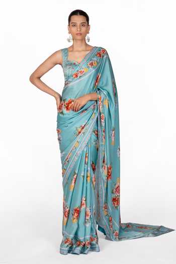 Buy_The Whole Nine Yards_Blue Silk, Satin Sweetheart Neck Liora Printed Saree With Blouse _Online_at_Aza_Fashions