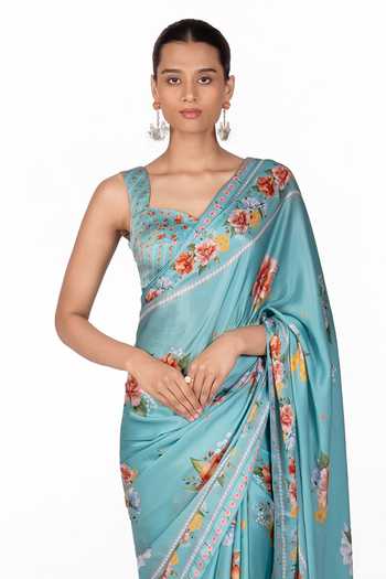 Shop_The Whole Nine Yards_Blue Silk, Satin Sweetheart Neck Liora Printed Saree With Blouse _Online_at_Aza_Fashions