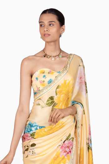 The Whole Nine Yards_Yellow Silk, Satin Sweetheart Neck Liora Print Saree And Blouse _Online_at_Aza_Fashions