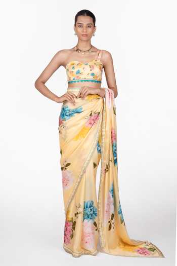 Buy_The Whole Nine Yards_Yellow Silk, Satin Sweetheart Neck Liora Print Saree And Blouse _Online_at_Aza_Fashions
