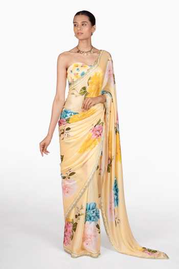 Shop_The Whole Nine Yards_Yellow Silk, Satin Sweetheart Neck Liora Print Saree And Blouse _at_Aza_Fashions