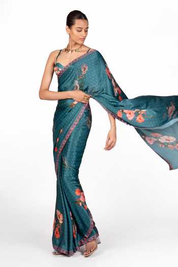 The Whole Nine Yards_Green Silk, Satin Sweetheart Neck Iskra Floral Print Saree With Blouse _Online_at_Aza_Fashions