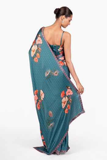 Shop_The Whole Nine Yards_Green Silk, Satin Sweetheart Neck Iskra Floral Print Saree With Blouse _at_Aza_Fashions