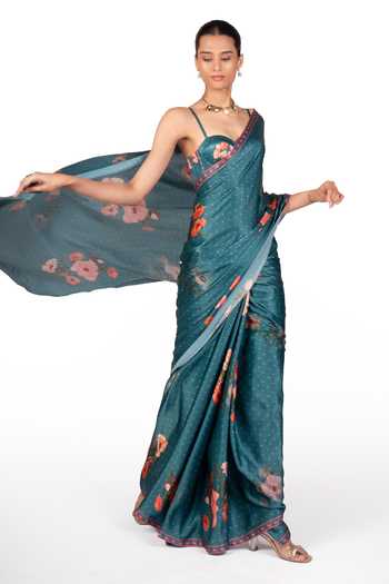 Buy_The Whole Nine Yards_Green Silk, Satin Sweetheart Neck Iskra Floral Print Saree With Blouse _Online_at_Aza_Fashions