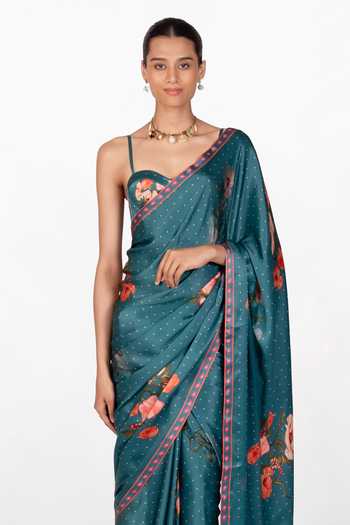 Shop_The Whole Nine Yards_Green Silk, Satin Sweetheart Neck Iskra Floral Print Saree With Blouse _Online_at_Aza_Fashions