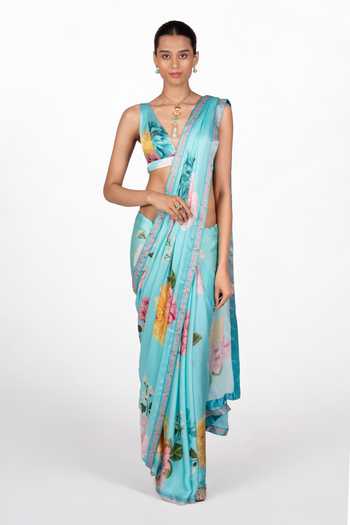The Whole Nine Yards_Blue Silk, Satin V-, Plunge Veya Floral Print Saree With Blouse _Online_at_Aza_Fashions