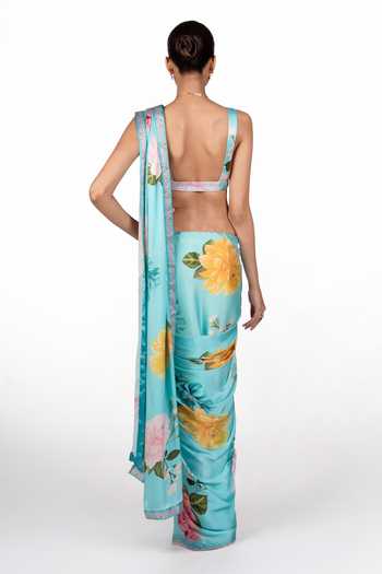 Shop_The Whole Nine Yards_Blue Silk, Satin V-, Plunge Veya Floral Print Saree With Blouse _at_Aza_Fashions