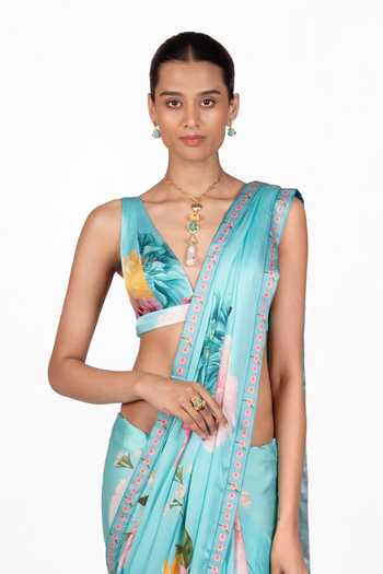 Buy_The Whole Nine Yards_Blue Silk, Satin V-, Plunge Veya Floral Print Saree With Blouse _Online_at_Aza_Fashions
