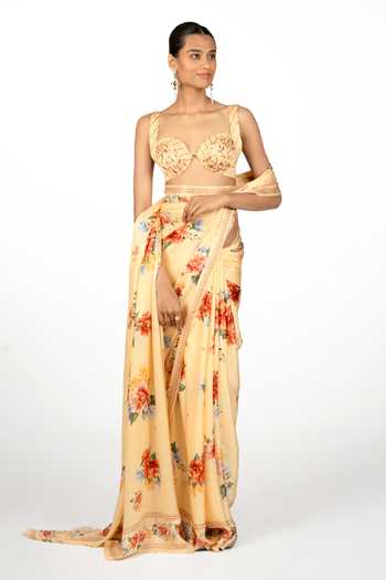 The Whole Nine Yards_Yellow Silk, Satin Sweetheart Neck Liora Print Saree With Blouse _Online_at_Aza_Fashions