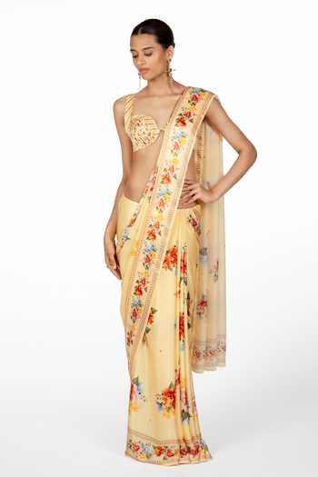 Buy_The Whole Nine Yards_Yellow Silk, Satin Sweetheart Neck Liora Print Saree With Blouse _Online_at_Aza_Fashions
