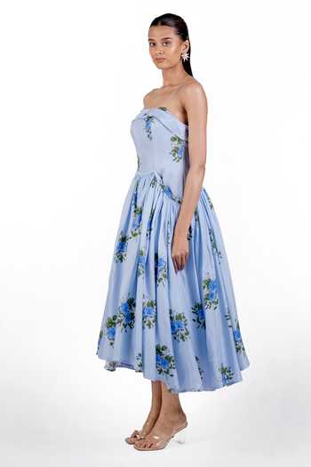 The Whole Nine Yards_Sky Blue Silk Bandeau Neck Bellona Print Dress _Online_at_Aza_Fashions