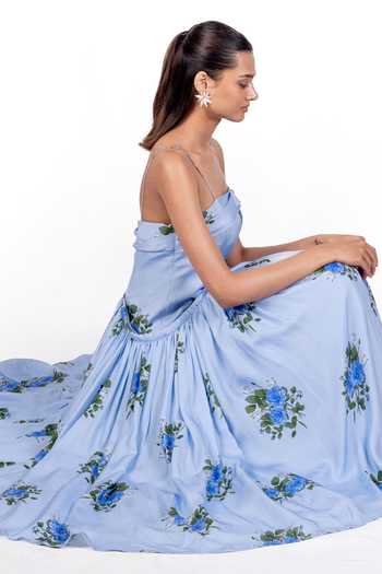 Buy_The Whole Nine Yards_Sky Blue Silk Bandeau Neck Bellona Print Dress _Online_at_Aza_Fashions