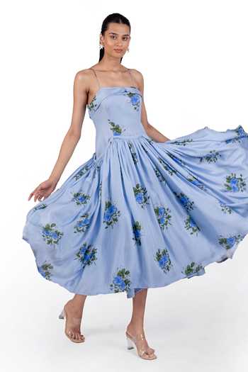 Shop_The Whole Nine Yards_Sky Blue Silk Bandeau Neck Bellona Print Dress _Online_at_Aza_Fashions