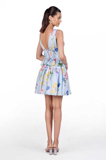 Shop_The Whole Nine Yards_Sky Blue Silk Plunge Neck Azira Floral Print Dress _at_Aza_Fashions
