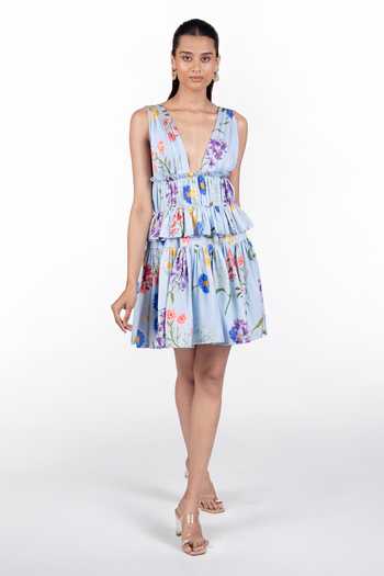 The Whole Nine Yards_Sky Blue Silk Plunge Neck Azira Floral Print Dress _Online_at_Aza_Fashions