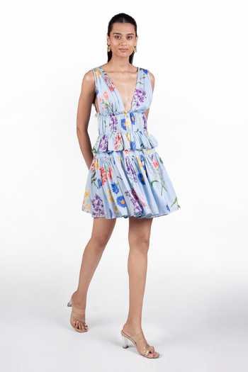 Buy_The Whole Nine Yards_Sky Blue Silk Plunge Neck Azira Floral Print Dress _at_Aza_Fashions