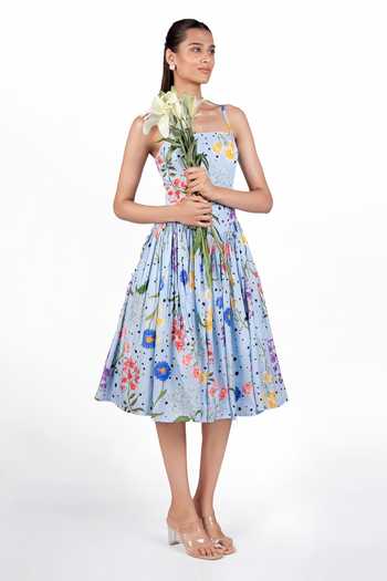 The Whole Nine Yards_Sky Blue Silk Square Neck Aira Printed Dress _Online_at_Aza_Fashions