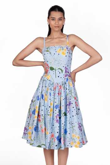 Buy_The Whole Nine Yards_Sky Blue Silk Square Neck Aira Printed Dress _Online_at_Aza_Fashions