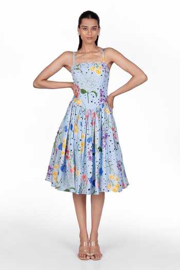 Buy_The Whole Nine Yards_Sky Blue Silk Square Neck Aira Printed Dress _at_Aza_Fashions
