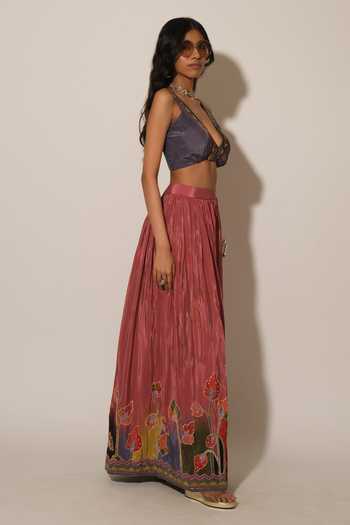 Esha L Amin_Pink Crepe, Viscose Border Embroidered Pleated Skirt _Online_at_Aza_Fashions