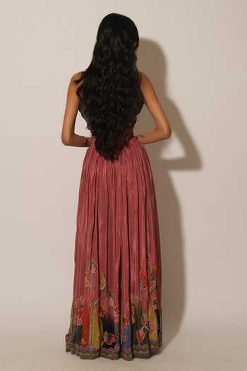 Shop_Esha L Amin_Pink Crepe, Viscose Border Embroidered Pleated Skirt _at_Aza_Fashions