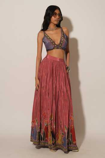 Buy_Esha L Amin_Pink Crepe, Viscose Border Embroidered Pleated Skirt _at_Aza_Fashions