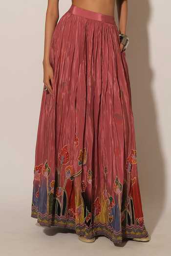 Buy_Esha L Amin_Pink Crepe, Viscose Border Embroidered Pleated Skirt _Online_at_Aza_Fashions