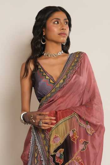 Esha L Amin_Blue Crepe, Viscose V-neck Chevron Pattern Blouse _Online_at_Aza_Fashions