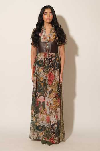 Esha L Amin_Multi Color Crepe, Viscose Keyhole Neck Flamingo Print Maxi Dress _Online_at_Aza_Fashions