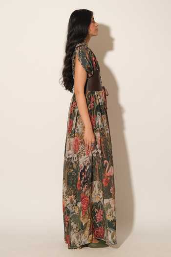 Buy_Esha L Amin_Multi Color Crepe, Viscose Keyhole Neck Flamingo Print Maxi Dress _Online_at_Aza_Fashions