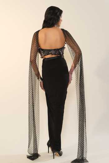 Shop_Esha L Amin_Black Crepe, Viscose Embroidery, Sequins Sweetheart Neck Floral Bralette _at_Aza_Fashions