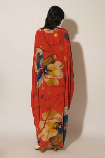 Shop_Esha L Amin_Red Crepe, Viscose V-neck Flower Print Kaftan _at_Aza_Fashions