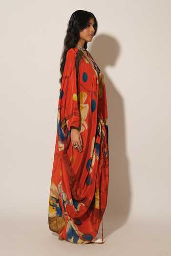 Esha L Amin_Red Crepe, Viscose V-neck Flower Print Kaftan _Online_at_Aza_Fashions