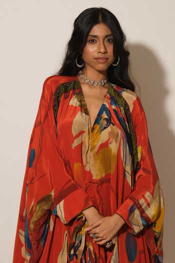 Buy_Esha L Amin_Red Crepe, Viscose V-neck Flower Print Kaftan _Online_at_Aza_Fashions