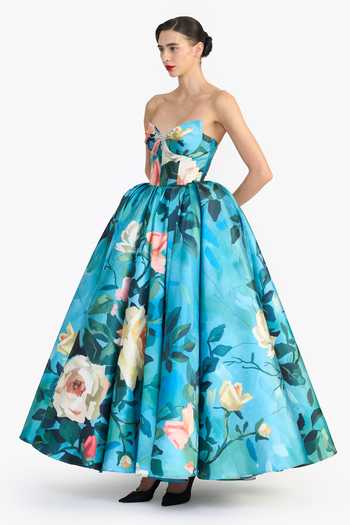 Buy_Gauri & Nainika_Blue Sweetheart Neck Sculpted Printed Maxi Dress _Online_at_Aza_Fashions