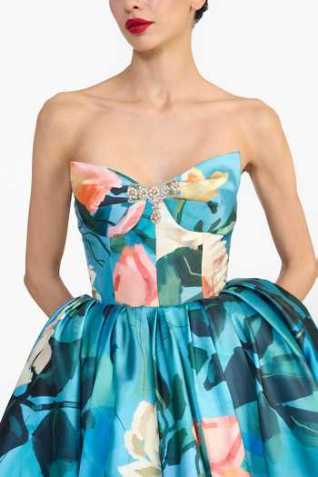 Shop_Gauri & Nainika_Blue Sweetheart Neck Sculpted Printed Maxi Dress _Online_at_Aza_Fashions