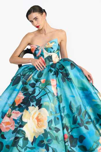 Gauri & Nainika_Blue Sweetheart Neck Sculpted Printed Maxi Dress _at_Aza_Fashions