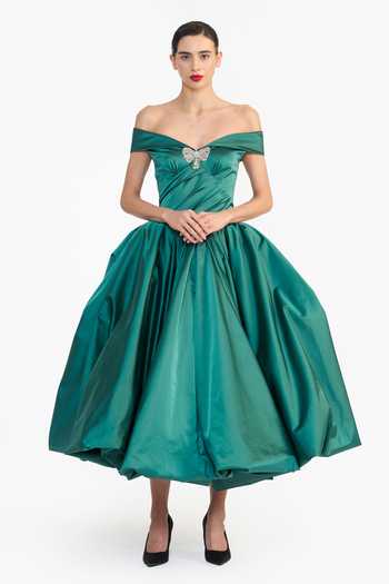 Buy_Gauri & Nainika_Green Satin Off-shoulder Off Draped Balloon Dress _at_Aza_Fashions