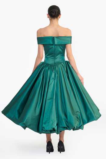 Shop_Gauri & Nainika_Green Satin Off-shoulder Off Draped Balloon Dress _at_Aza_Fashions