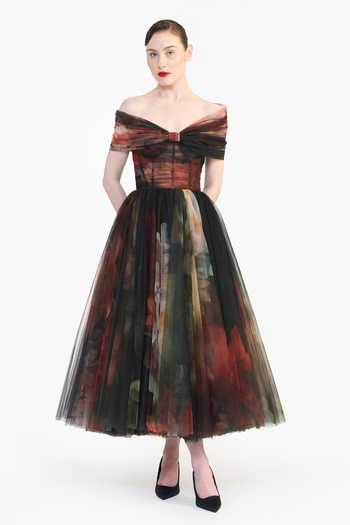 Gauri & Nainika_Multi Color Tulle Off-shoulder Sculpted Printed Draped Dress _Online_at_Aza_Fashions