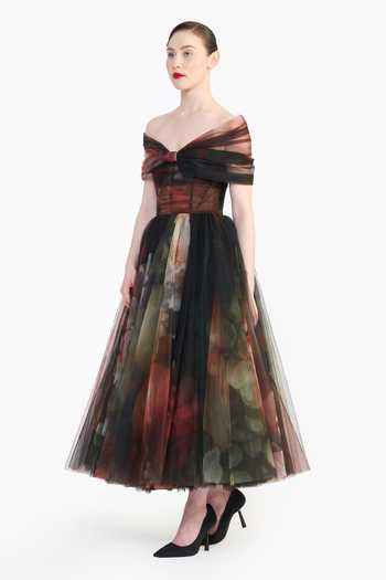 Shop_Gauri & Nainika_Multi Color Tulle Off-shoulder Sculpted Printed Draped Dress _Online_at_Aza_Fashions