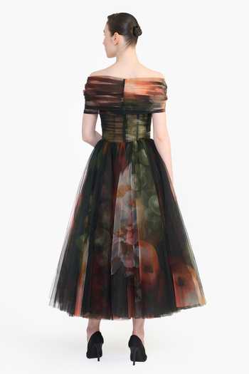 Shop_Gauri & Nainika_Multi Color Tulle Off-shoulder Sculpted Printed Draped Dress _at_Aza_Fashions