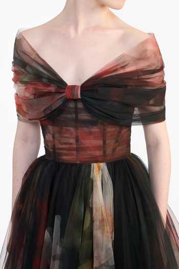 Gauri & Nainika_Multi Color Tulle Off-shoulder Sculpted Printed Draped Dress _at_Aza_Fashions