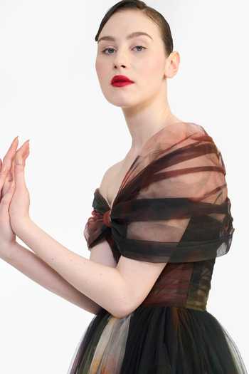 Buy_Gauri & Nainika_Multi Color Tulle Off-shoulder Sculpted Printed Draped Dress 