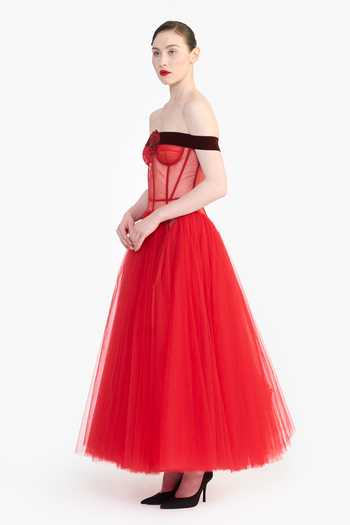 Gauri & Nainika_Red Tulle Off-shoulder Drop Waisted Corsetted Dress _Online_at_Aza_Fashions