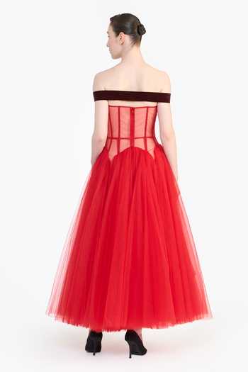 Shop_Gauri & Nainika_Red Tulle Off-shoulder Drop Waisted Corsetted Dress _at_Aza_Fashions
