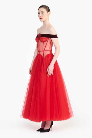 Gauri & Nainika_Red Tulle Off-shoulder Drop Waisted Corsetted Dress _at_Aza_Fashions
